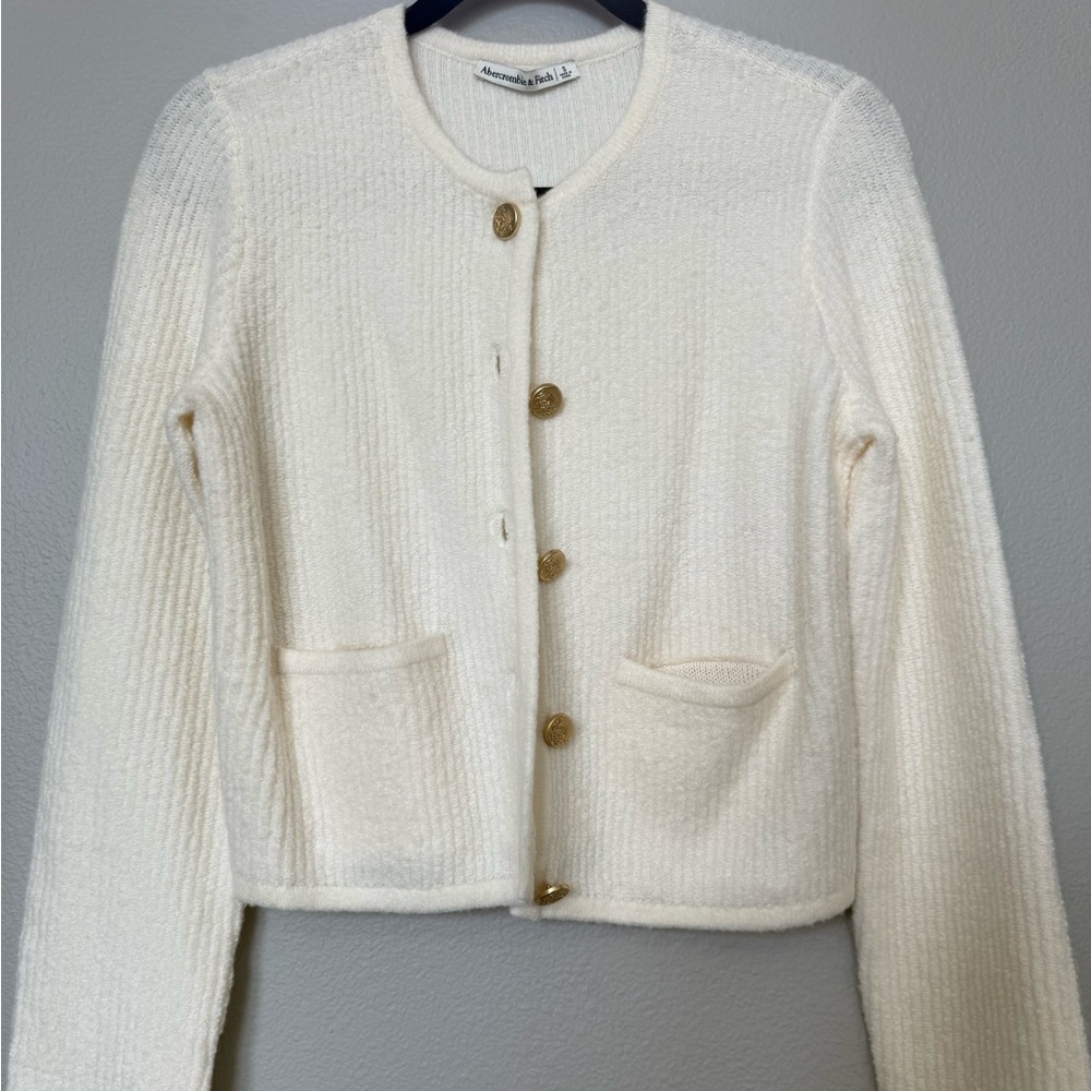 Abercrombie & Fitch Cream Textured Knit Cardigan with Gold Buttons